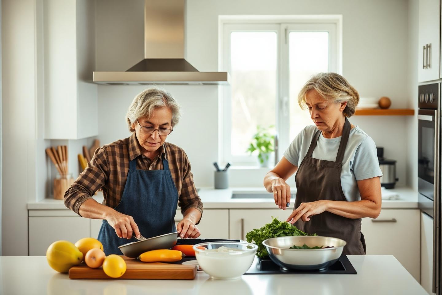 Deux testeurs du panel préparant un repas dans une cuisine lumineuse